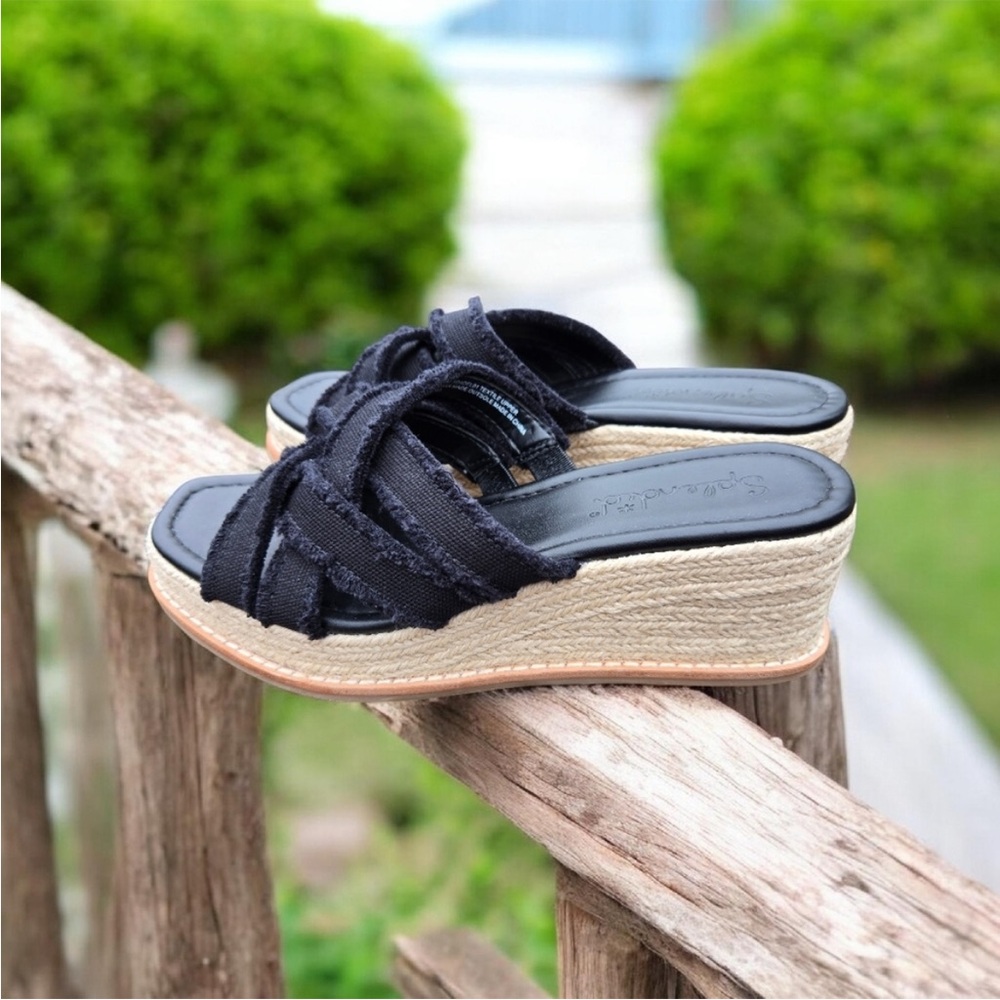 Dell Black Slide Espadrille Wedge with Jute Platform